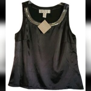 Badgley Mischka Silver Chevron Beaded Neckline Sleeveless Top Quiet Luxury